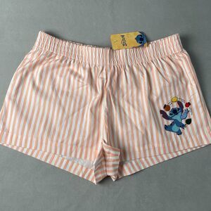 Disney Stitch Striped Pajama Shorts Wmns M Salmon Orange Embroidered Sleepwear